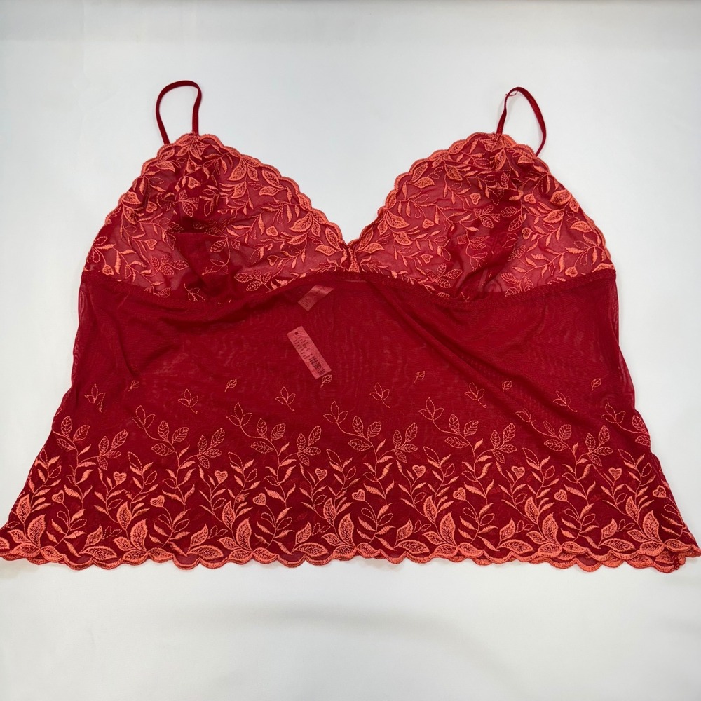 NEW Cacique Camisole 26 / 28 Red Sheer Embroidered Lace Tank Lingerie Top